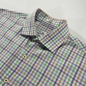 Peter Millar Large Plaid Button Down Shirt Purple Green Cotton Spring